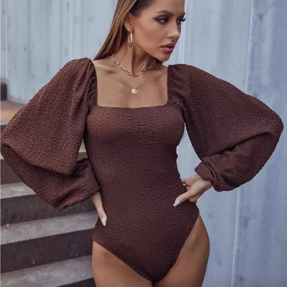 Tops - Brown Puff Sleeve Bodysuit